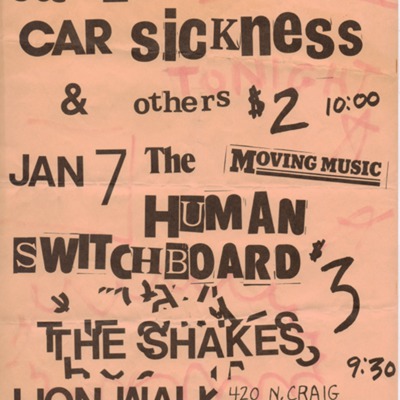 Poster for Carsickness, the Human Switchboard, and the Shakes Performing at Lion Walk