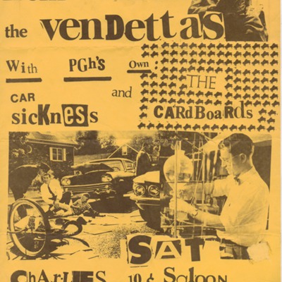 Poster for the Vendettas, Carsickness, and the Cardboards Performing at Charlie's 10 Cent Saloon