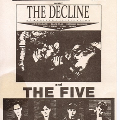 Poster for "The Decline of Western Civilization" - Performances and Screenings by Black Flag, Catholic Discipline, The Five, and Unknown Groups at David Lawrence Auditorium